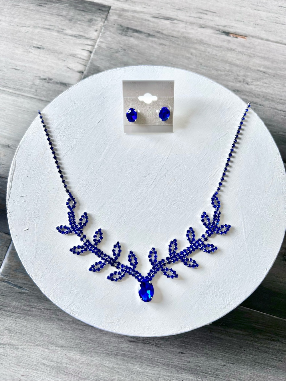 Vintage Inspired Crystal Jeweled Cobalt Blue Necklace & Earrings Set
